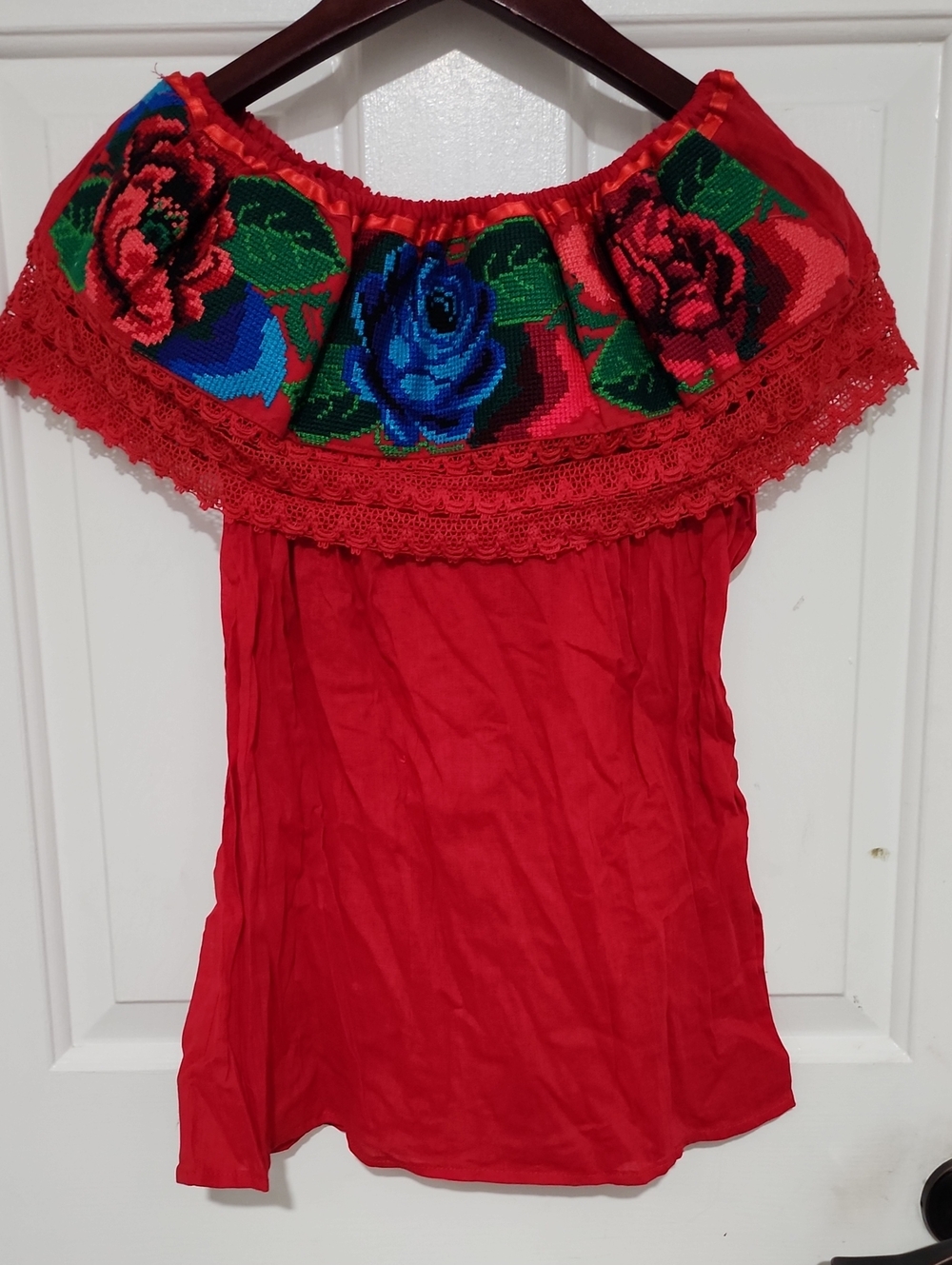 Embroidered Off-Shoulder Red Women's Top
